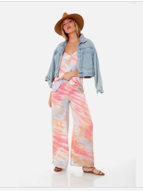 Young Fabulous & Broke Pants YFB Pastel Silky Tie Dye Aiko Wide Leg Boho M